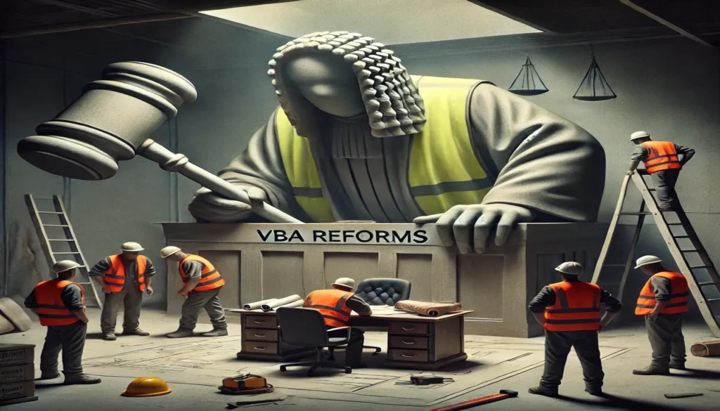 A symbolic artwork of a judge with a huge gavel standing over builders.