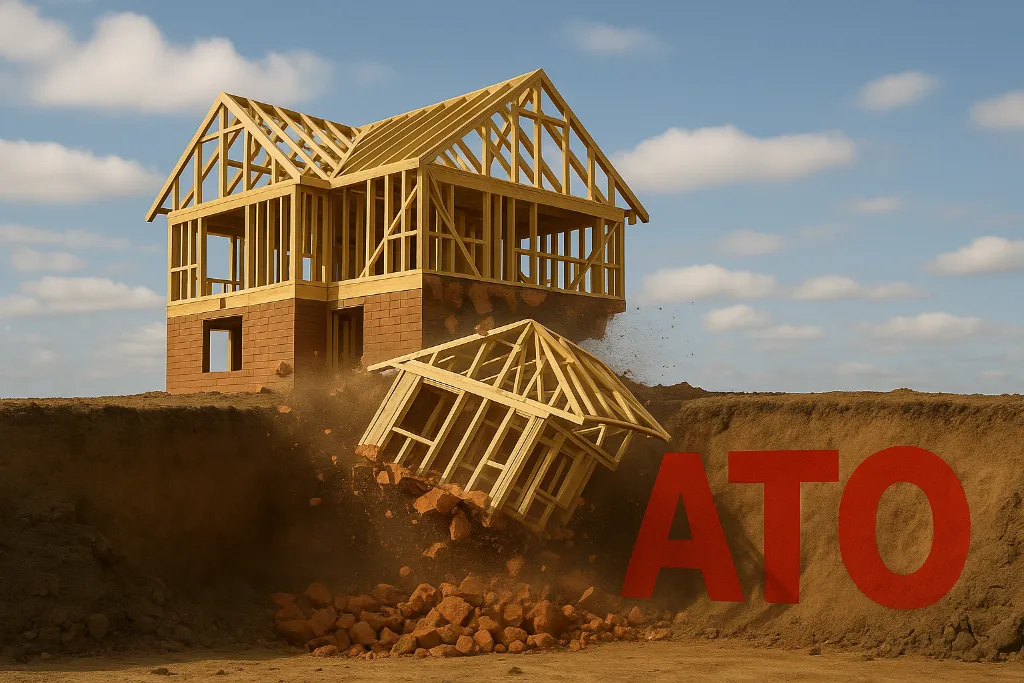 A house frame in the process of collapsing with the letters ATO.